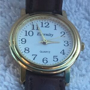 Eternity Gold-Tone Women’s Quartz Watch with Brown Leather Strap